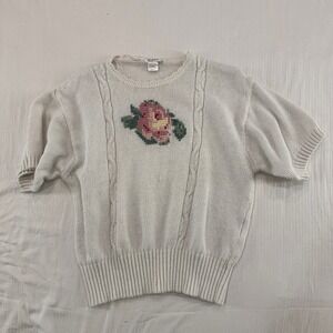 Tan Jay Hand Embroidered Floral Sweater Womens Medium Cream Cottagecore